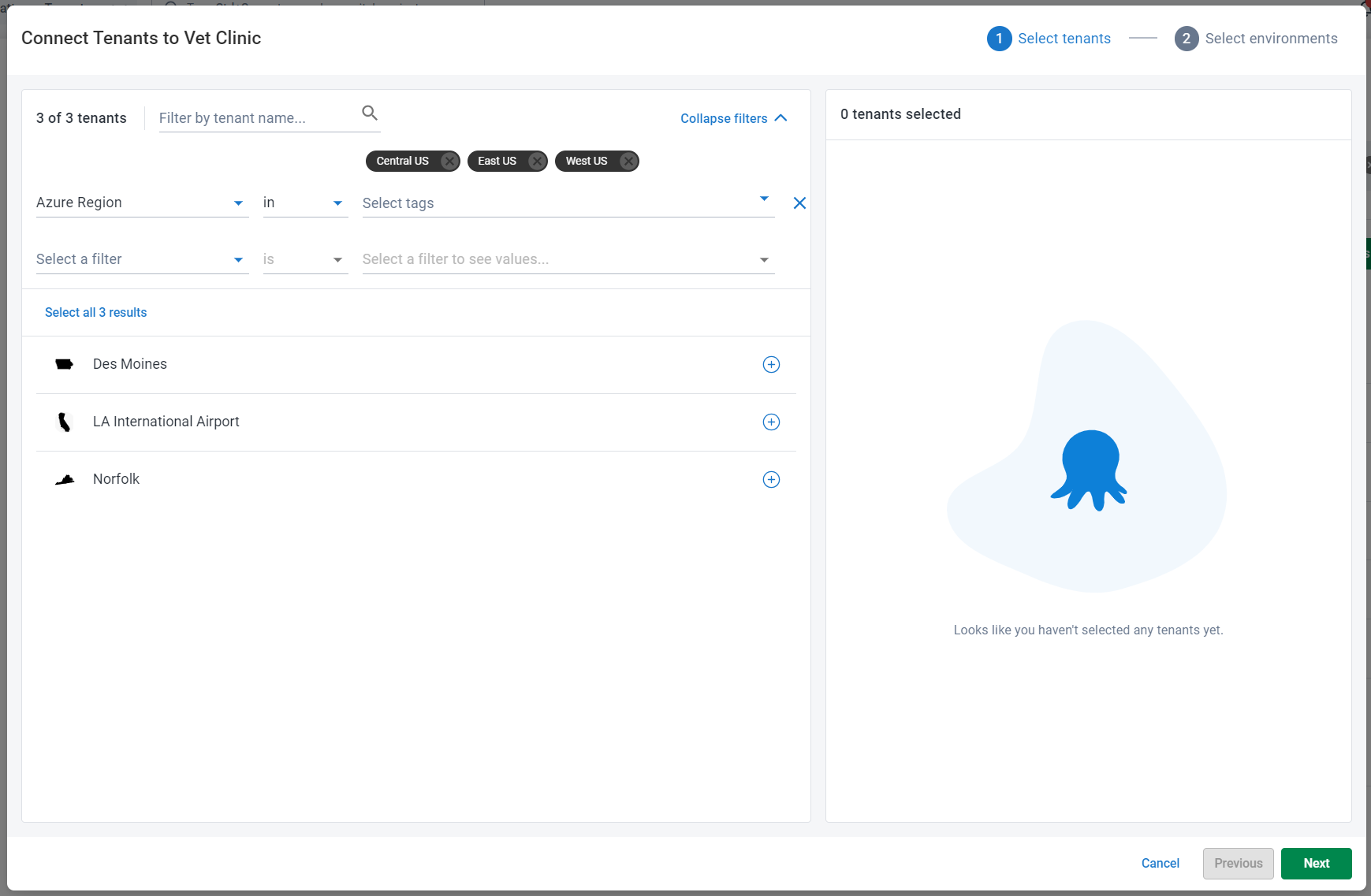 The Name and Tenant Tag filters in the bulk connection wizard