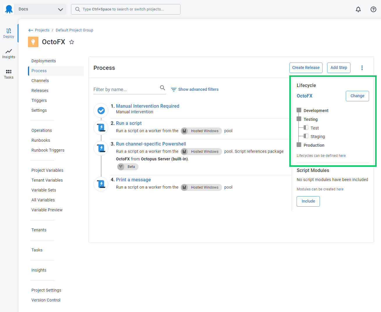 A project's deployment progressing through the environments in its lifecycle