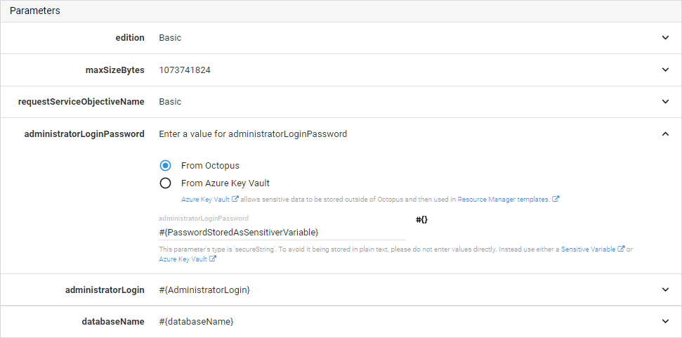 An ARM template using parameters rather than variables directly