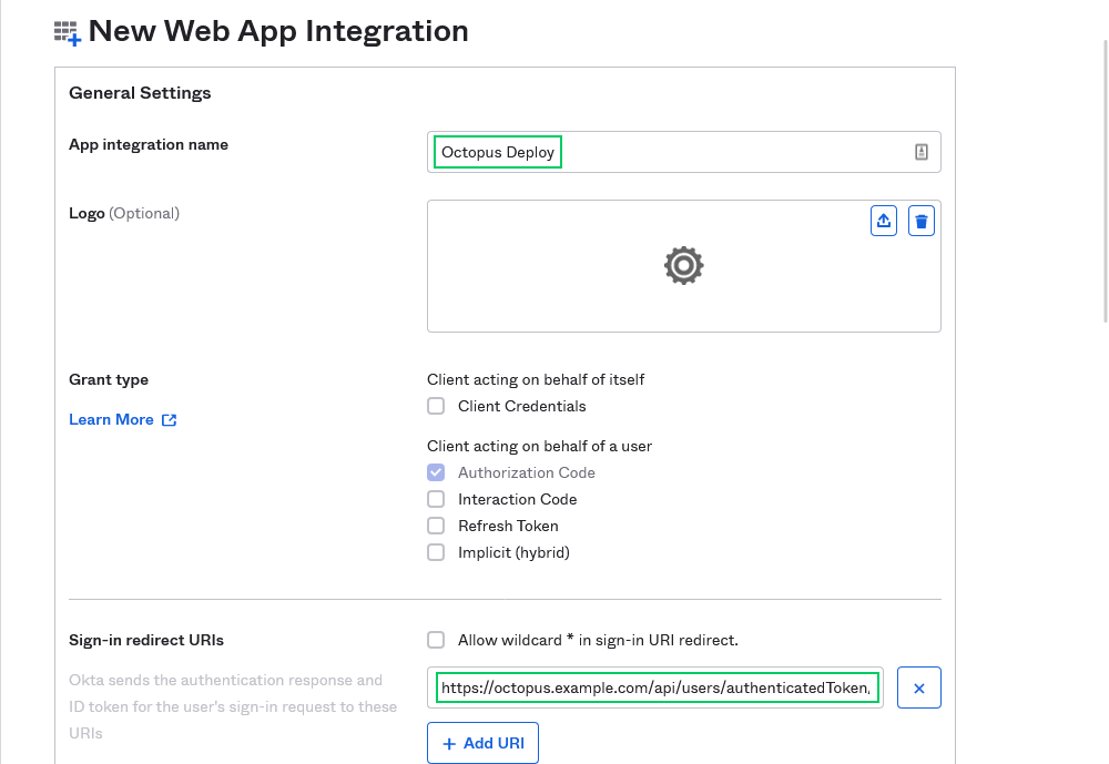 The app integration name and sign-in redirect URI