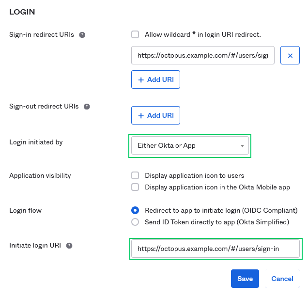 The Okta initiate login settings