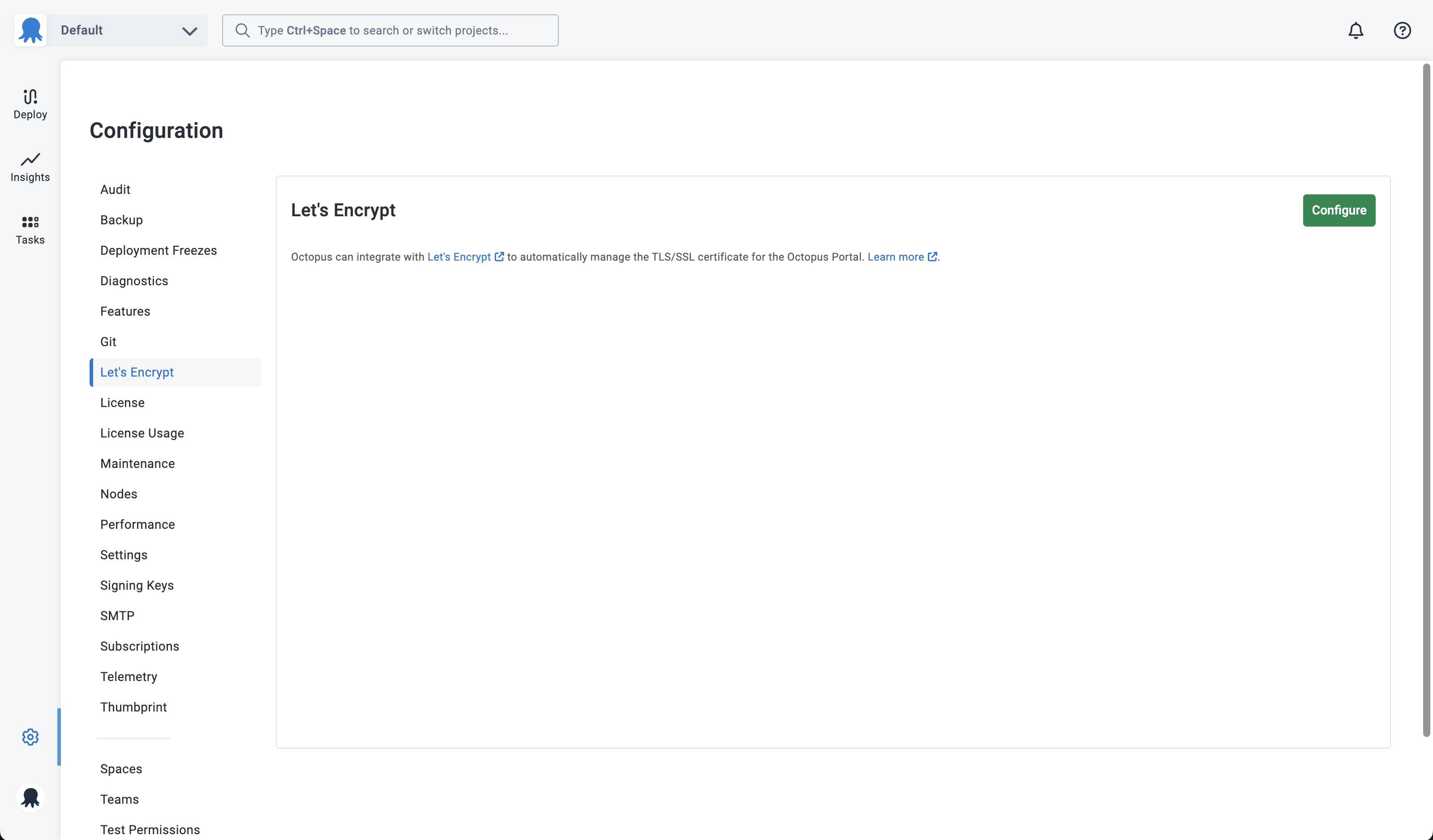 The Let's Encrypt page under Configuration
