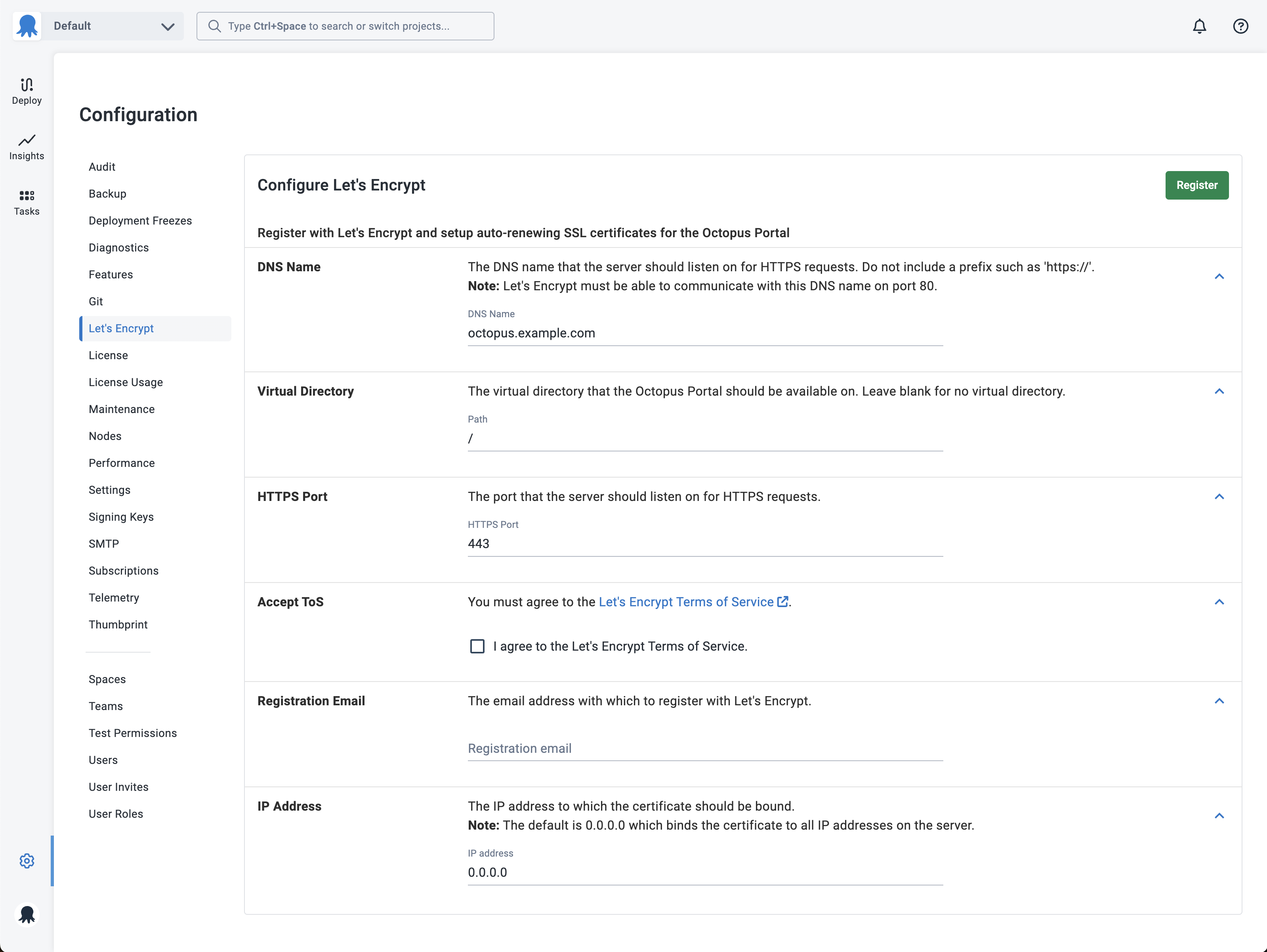 The Let's Encrypt configuration dialog