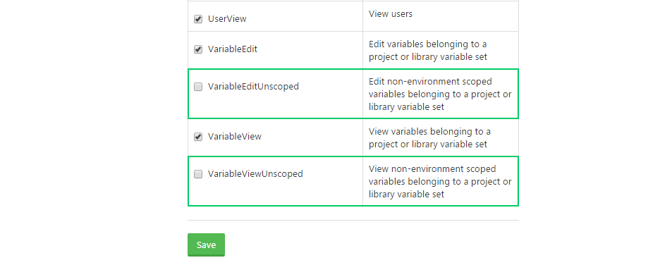 The VariableEditUnscoped and VariableViewUnscoped permissions on a role