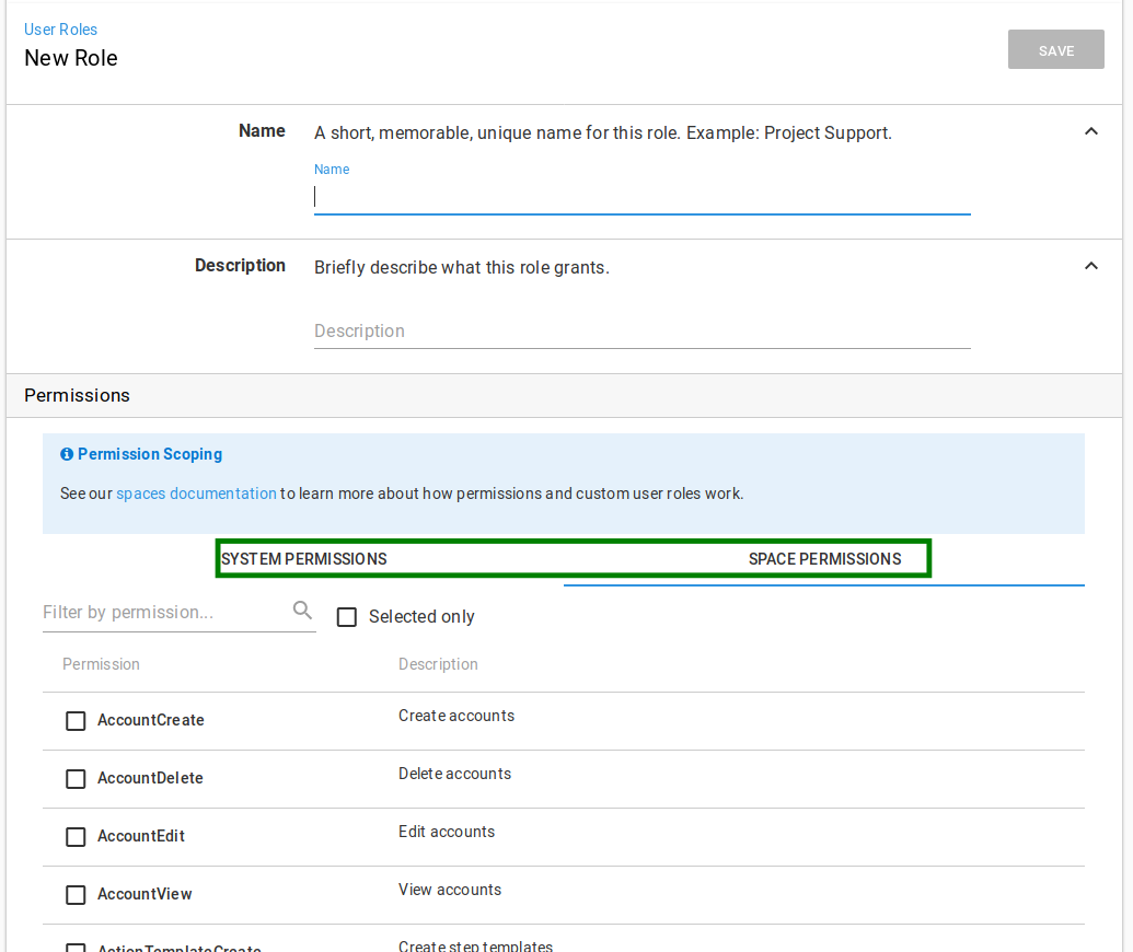 Selecting the permissions for a new custom user role