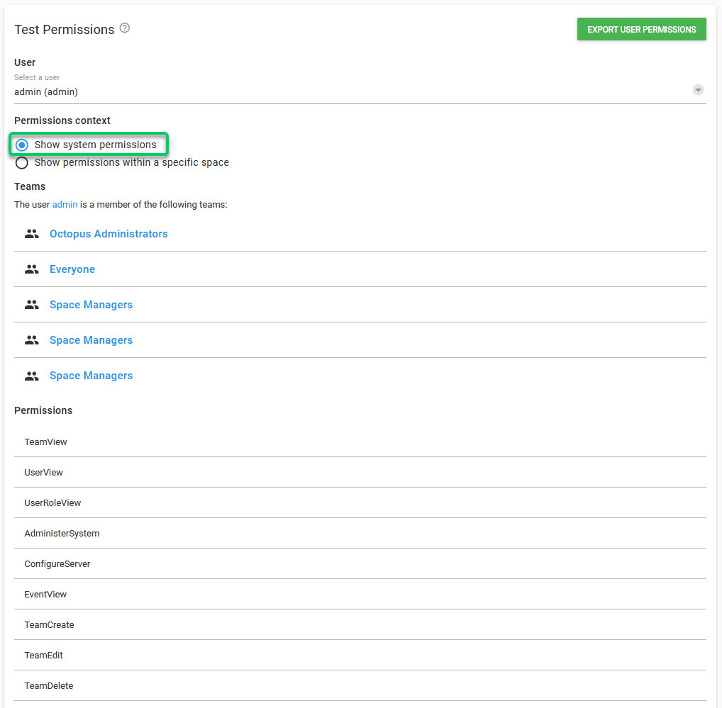 The system permissions chart