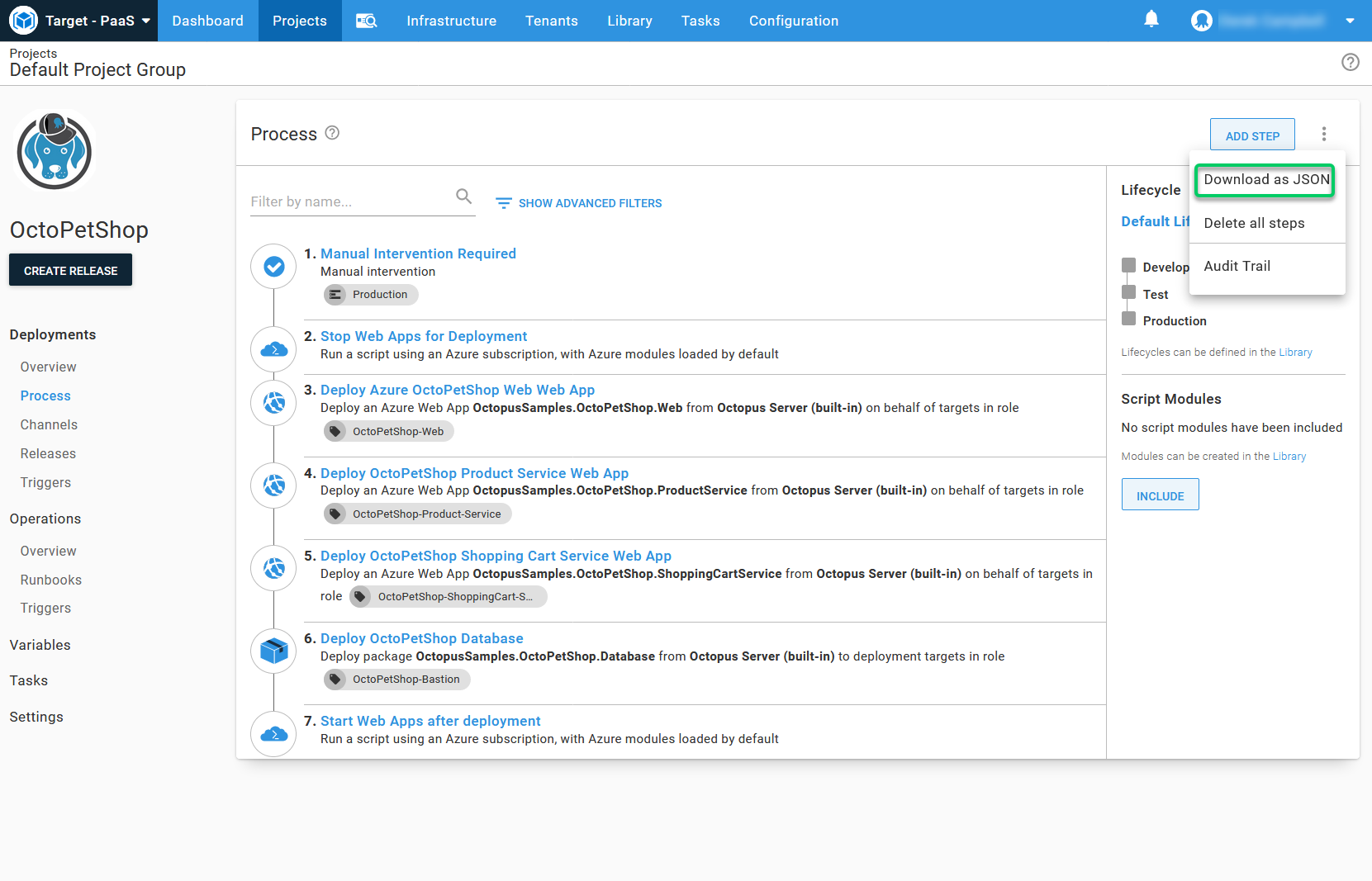 The Download as JSON option in the overflow menu
