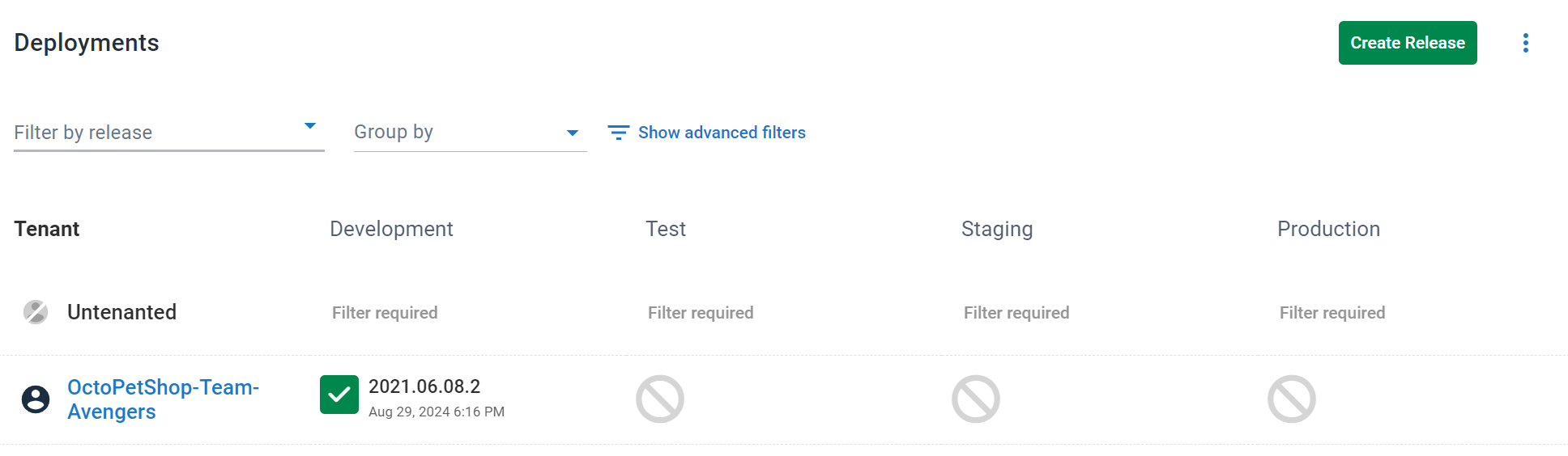The dashboard for a Team Avengers developer, showing only their tenant and environment