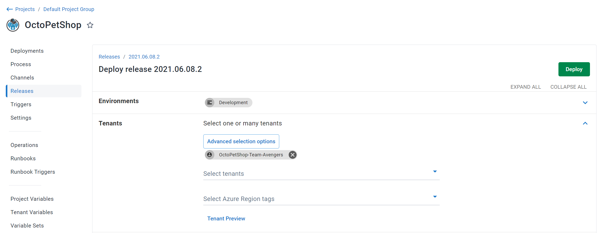 Deploying to Development with the OctoPetShop-Team-Avengers tenant automatically selected