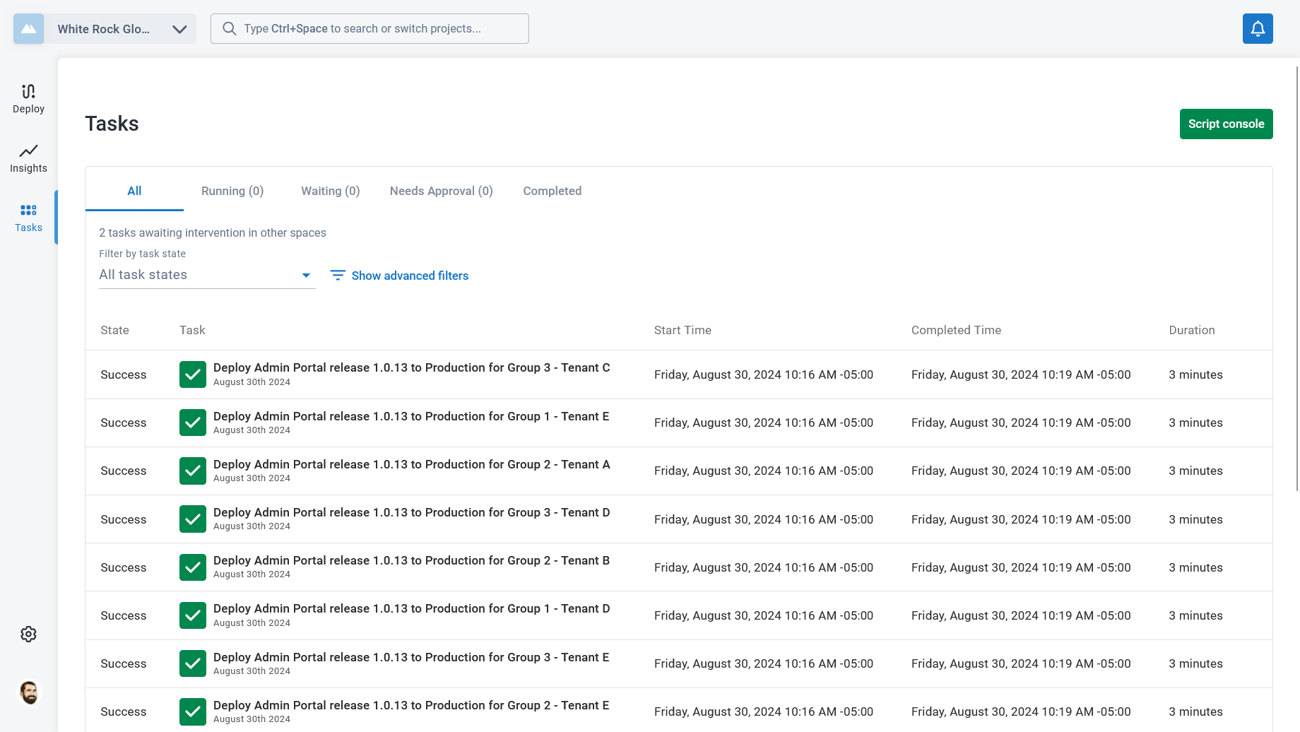 Completed deployments, each taking 2-3 minutes