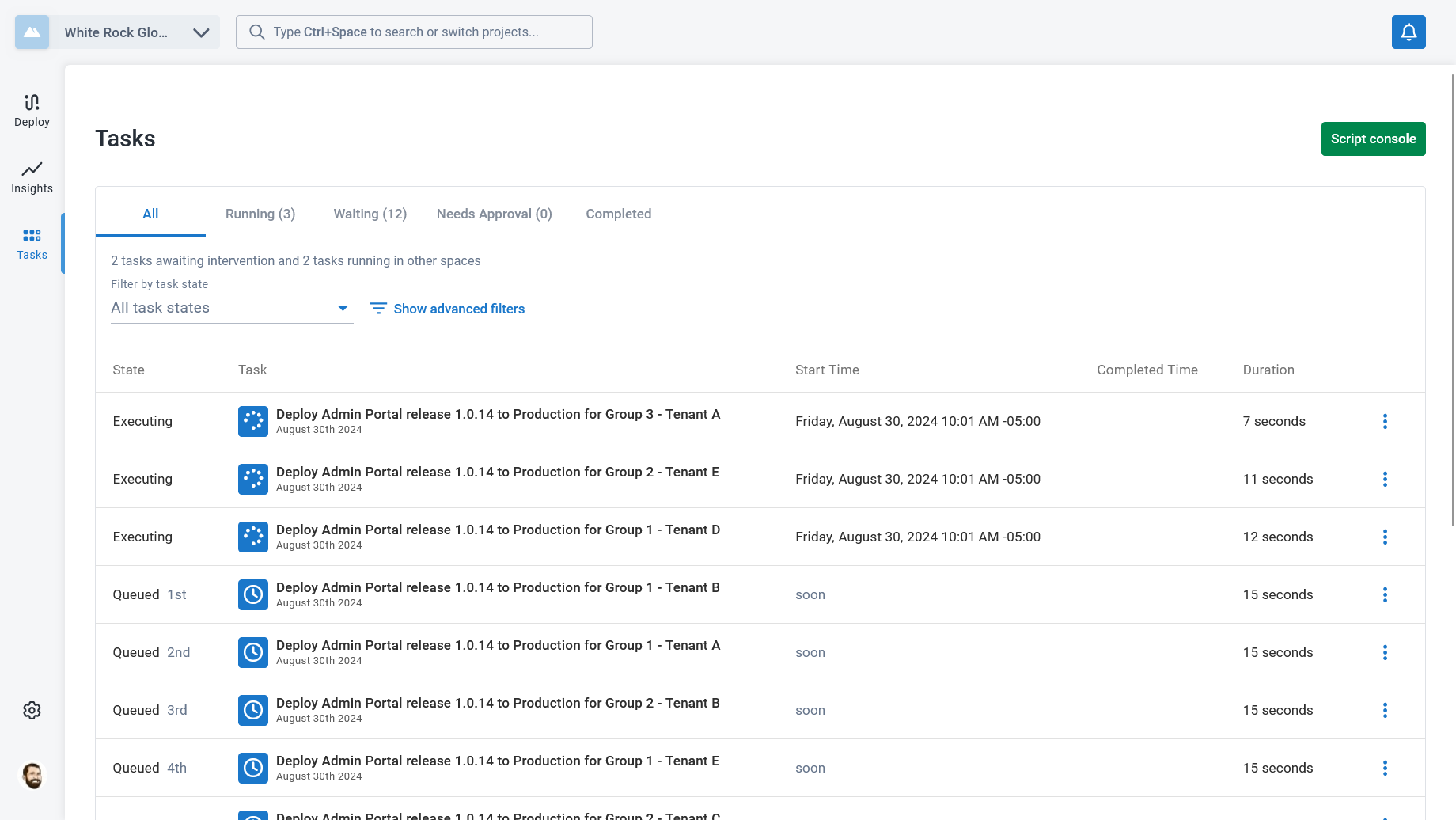 Three deployment tasks running and the rest queued, one task per hosting group