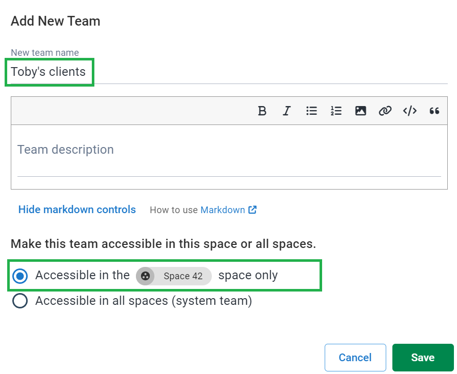 Creating a team called Toby's clients