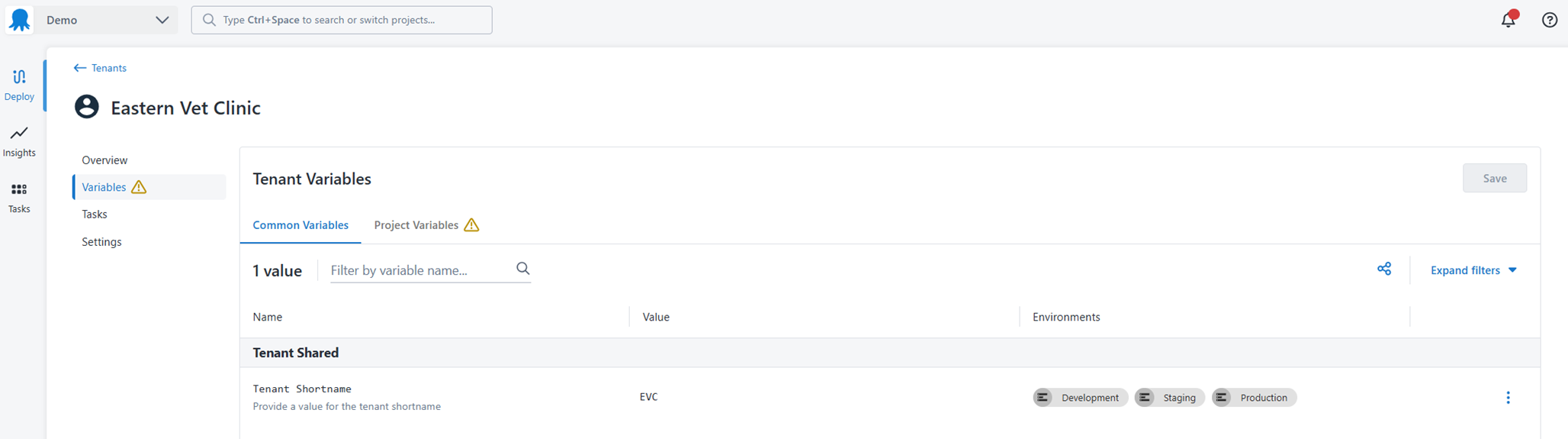 Common variable values supplied at the tenant level