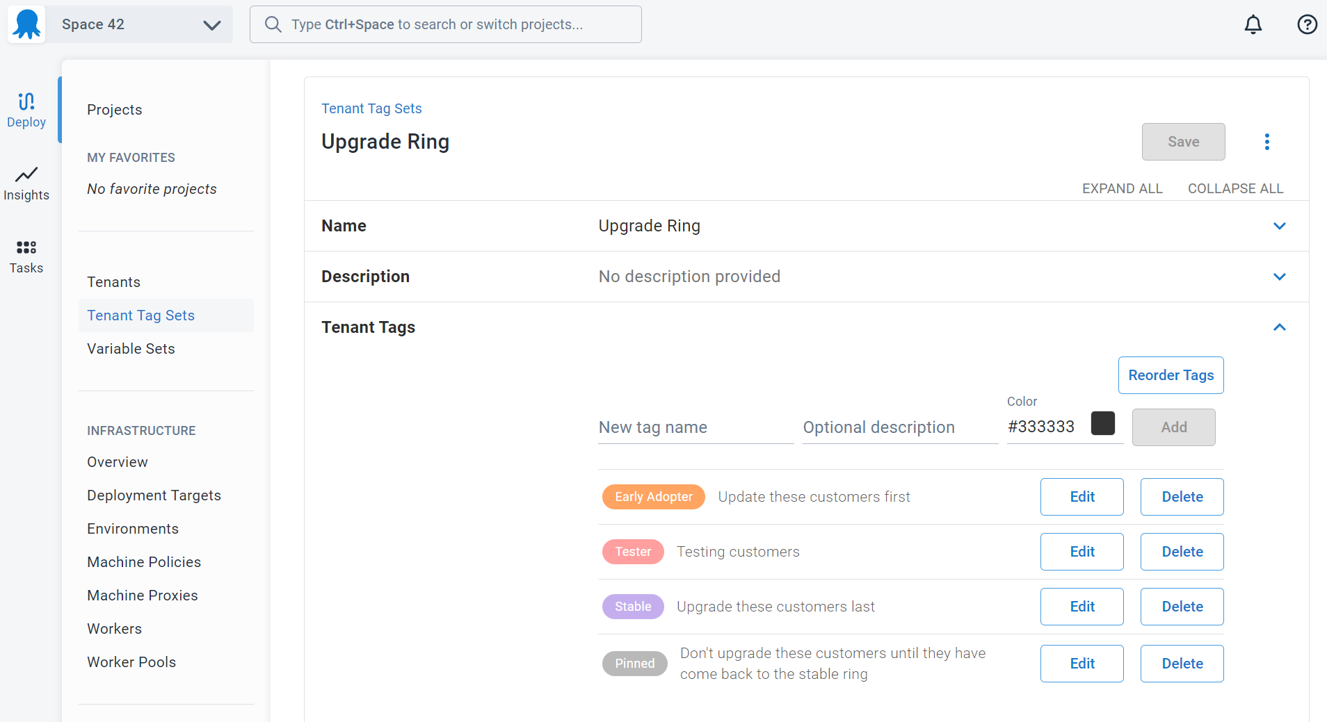 A dialog showing the creation of a tenant tag set called Upgrade Ring