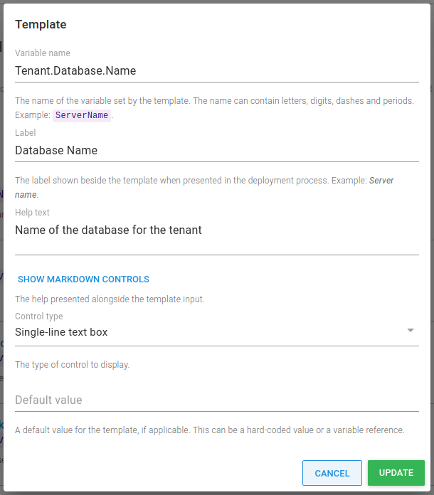 Editing a project template's variable type and default value